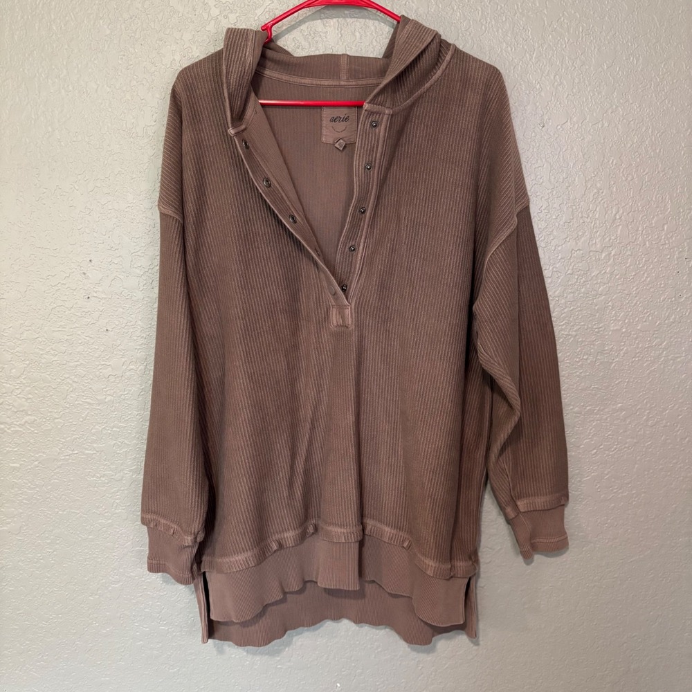 Aerie Oversized Ribbed Henley Hoodie Mauve Brown Small S Cotton Loungewear